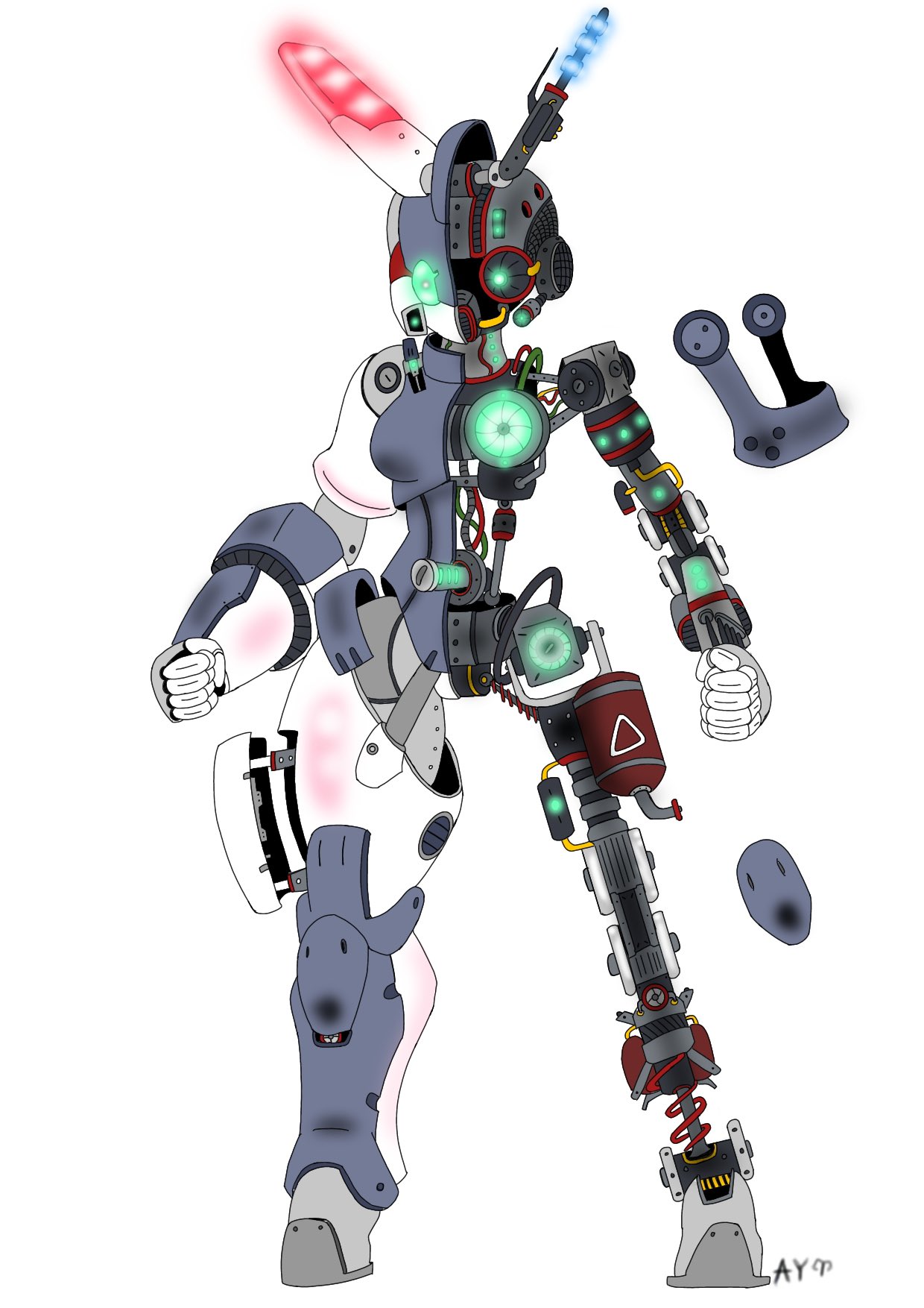 2024 artist_name ay148433 cross_section ear_fins ed-2_(shepherd0821) endoskeleton exposed_endoskeleton female fin full-length_portrait gas_tank generator glowing glowing_eyes green_eyes hi_res hooves humanoid hydraulics machine modern_mogal mouthless piston police police_lights portrait robot robot_humanoid screw_navel shaded simple_background solo spring thick_thighs white_background wire