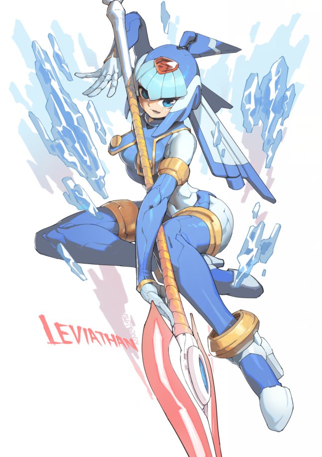 andorlier android armor blue_eyes blue_headwear blue_shirt breasts character_name covered_navel crop_top fairy_leviathan_(mega_man) fins forehead_jewel head_fins helmet high_heels holding holding_polearm holding_weapon ice large_breasts looking_at_viewer mega_man_(series) mega_man_zero_(series) polearm robot_girl shirt weapon