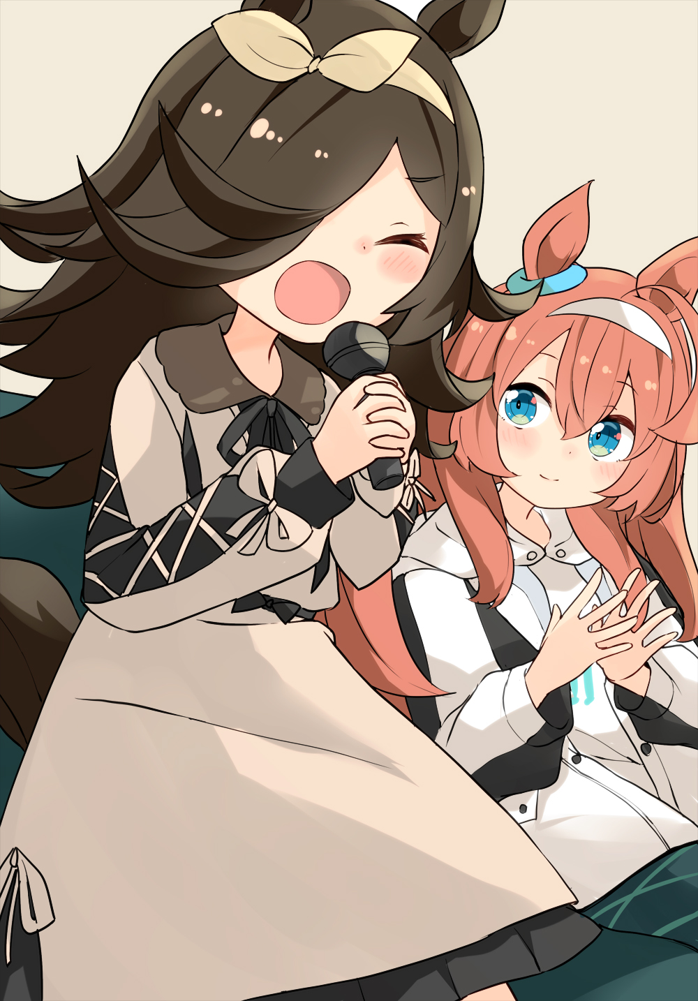 2girls animal_ears bangs barashiya black_hair blue_eyes brown_background brown_dress brown_hair brown_hairband brown_ribbon clapping closed_eyes commentary_request dress eyebrows_visible_through_hair frilled_dress frills hair_between_eyes hair_over_one_eye hair_ribbon hairband highres holding holding_microphone hood hood_down hoodie horse_ears horse_girl horse_tail interlocked_fingers jacket long_sleeves microphone mihono_bourbon_(umamusume) multiple_girls open_clothes open_jacket open_mouth puffy_long_sleeves puffy_sleeves ribbon rice_shower_(umamusume) simple_background tail umamusume white_hairband white_hoodie white_jacket