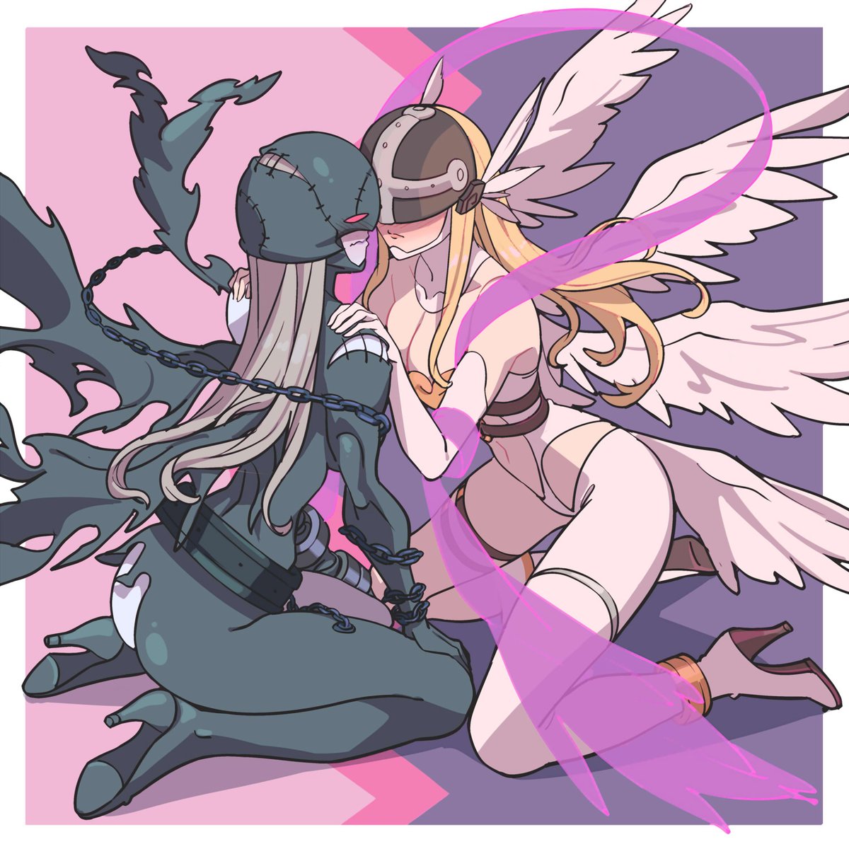 2girls angel_and_devil angel_wings angewomon bare_shoulders black_bodysuit blonde_hair blush bodysuit breasts chain cleavage clothing_cutout colored_skin covered_eyes demon_girl digimon feathered_wings futa_yuri_ryona grey_hair grey_skin hand_on_another's_shoulder highres hip_vent kneeling ladydevimon large_breasts leg_belt long_hair multiple_girls navel nervous o-ring pink_ribbon red_eyes revealing_clothes ribbon stomach_cutout torn_bodysuit torn_clothes wings yuri