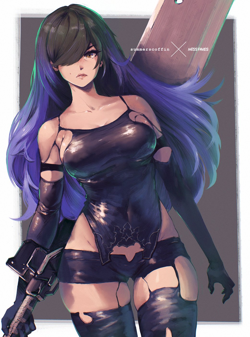 1girl a2_(nier:automata) a2_(nier:automata)_(cosplay) ass_visible_through_thighs bad_id bad_twitter_id black_gloves black_hair black_shorts black_thighhighs breasts brown_eyes cosplay elbow_gloves english_text facing_viewer gloves gradient_hair hair_over_one_eye highres holding holding_sword holding_weapon huge_weapon humanoid_robot joints lips long_eyelashes long_hair medium_breasts miss_faves mole mole_on_cheek multicolored_hair nier:automata nier_(series) no_blindfold one_eye_covered purple_hair reverse_grip robot robot_joints short_shorts shorts solo sword thigh_gap thighhighs two-tone_hair weapon weapon_on_back