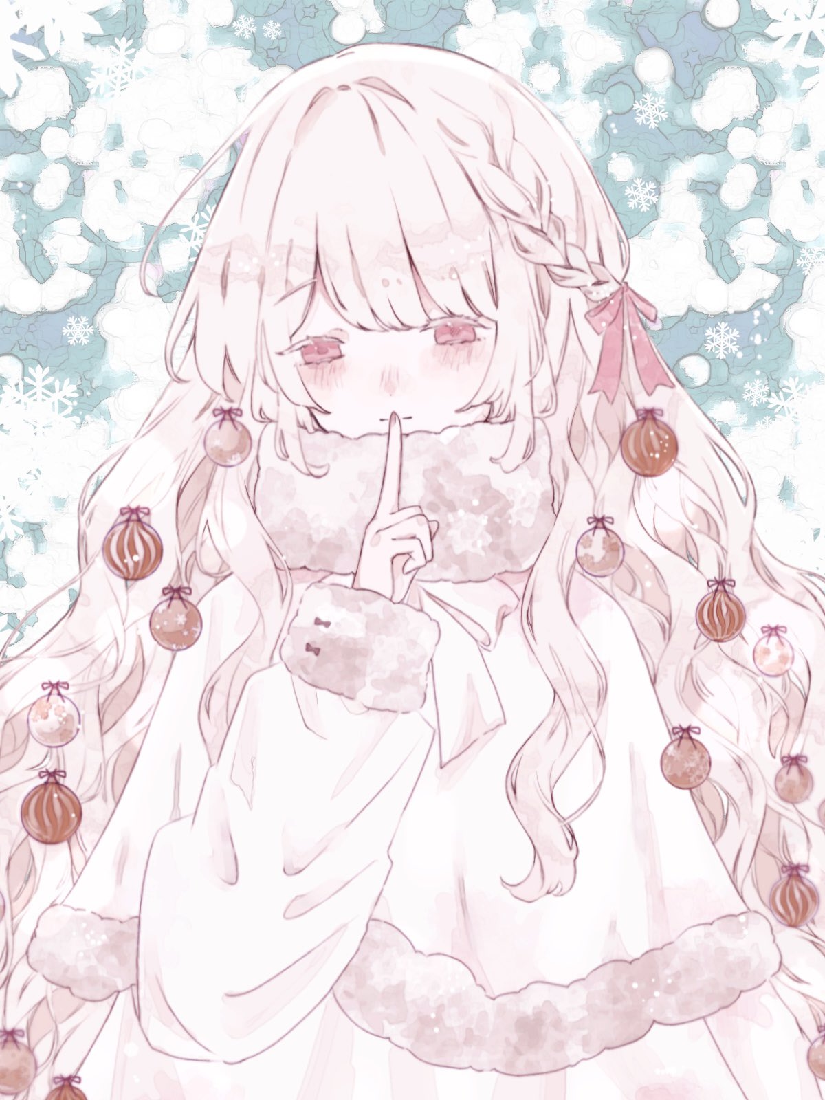 1girl blush bow braid capelet christmas closed_mouth colored_eyelashes dress finger_to_mouth fur-trimmed_capelet fur-trimmed_sleeves fur_trim hair_ribbon half-closed_eyes highres index_finger_raised kotono_n0 long_hair long_sleeves original pink_eyes pink_ribbon ribbon scarf shushing snowflakes solo upper_body wavy_hair white_capelet white_dress white_hair white_theme