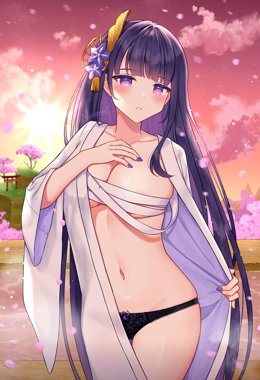 1girl alternate_hairstyle artist_name black_panties blush breasts cherry_blossoms chest_sarashi cleavage dusk flower genshin_impact hair_ornament hand_on_own_chest highres large_breasts long_hair looking_at_viewer mole mole_under_eye nail_polish naomi_(fantasia) navel onsen open_clothes outdoors panties petals purple_eyes purple_flower purple_hair purple_nails raiden_shogun sarashi solo standing stomach thigh_gap thighs underwear undressing very_long_hair