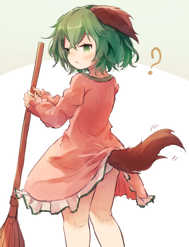 1girl animal_ears ar_(maeus) blush broom commentary_request dog_ears dog_girl dog_tail dress green_eyes green_hair holding holding_broom kasodani_kyouko long_sleeves looking_at_viewer open_mouth pink_dress short_hair solo tail touhou underwear