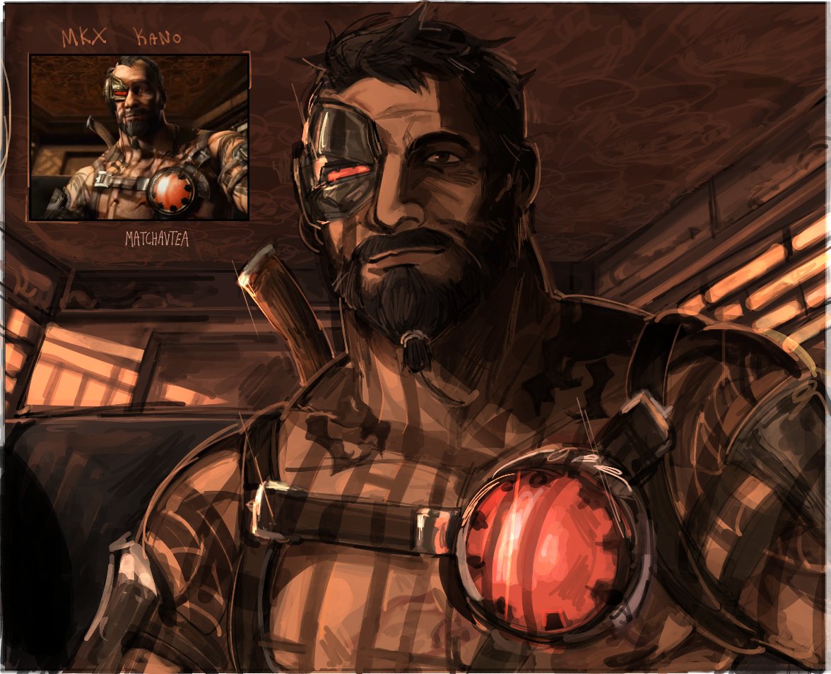 1boy bara beard brown_theme chest_harness connected_beard dark-skinned_male dark_skin derivative_work eye_mask facial_hair game_screenshot_inset hairy half_mask harness kano_(mortal_kombat) large_pectorals light_smile male_focus mask mature_male mortal_kombat_(series) mortal_kombat_x muscular muscular_male mutton_chops pectorals screencap_redraw short_hair solo sunlight thick_chest_hair thick_eyebrows thick_mustache tied_beard upper_body ven_(matchavtea) wrinkled_skin