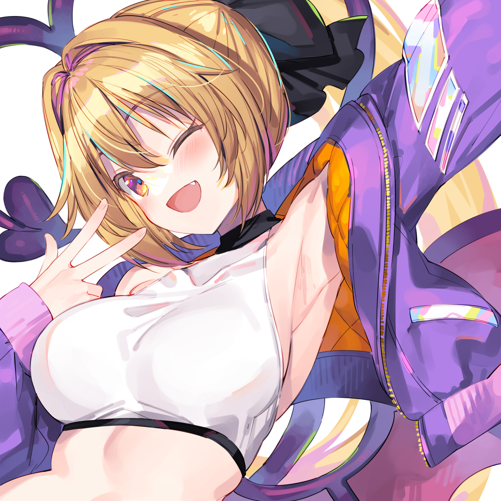 1girl ;d arm_up armpits bare_shoulders blonde_hair breasts bucchake_(asami) collarbone covered_collarbone crop_top demon_tail fang hair_ribbon high_ponytail jacket large_breasts long_hair long_sleeves looking_at_viewer midriff off_shoulder one_eye_closed open_clothes open_jacket open_mouth orange_eyes original ponytail purple_jacket ribbon shirt sleeveless sleeveless_shirt smile solo tail upper_body v white_shirt