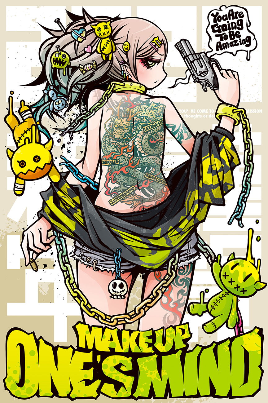 1girl belt_chain bracelet broken broken_chain chain decora dragon eastern_dragon english_text engrish_text from_behind gun highres jewelry lock nengajou new_year original padlock project.c.k. punk ranguage revolver skull tattoo topless weapon