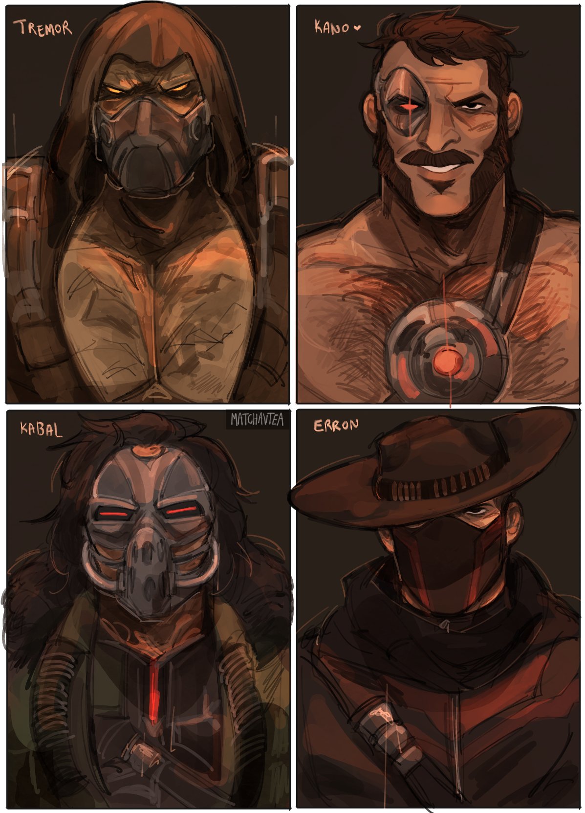 4boys bara character_request dark-skinned_male dark_skin erron_black eye_mask hairy half_mask highres kabal_(mortal_kombat) kano_(mortal_kombat) large_pectorals looking_at_viewer male_focus mask mature_male mortal_kombat_(series) mortal_kombat_x mouth_mask multiple_boys muscular muscular_male mutton_chops pectorals portrait short_hair smile straight-on thick_chest_hair thick_eyebrows thick_mustache tilted_headwear ven_(matchavtea)
