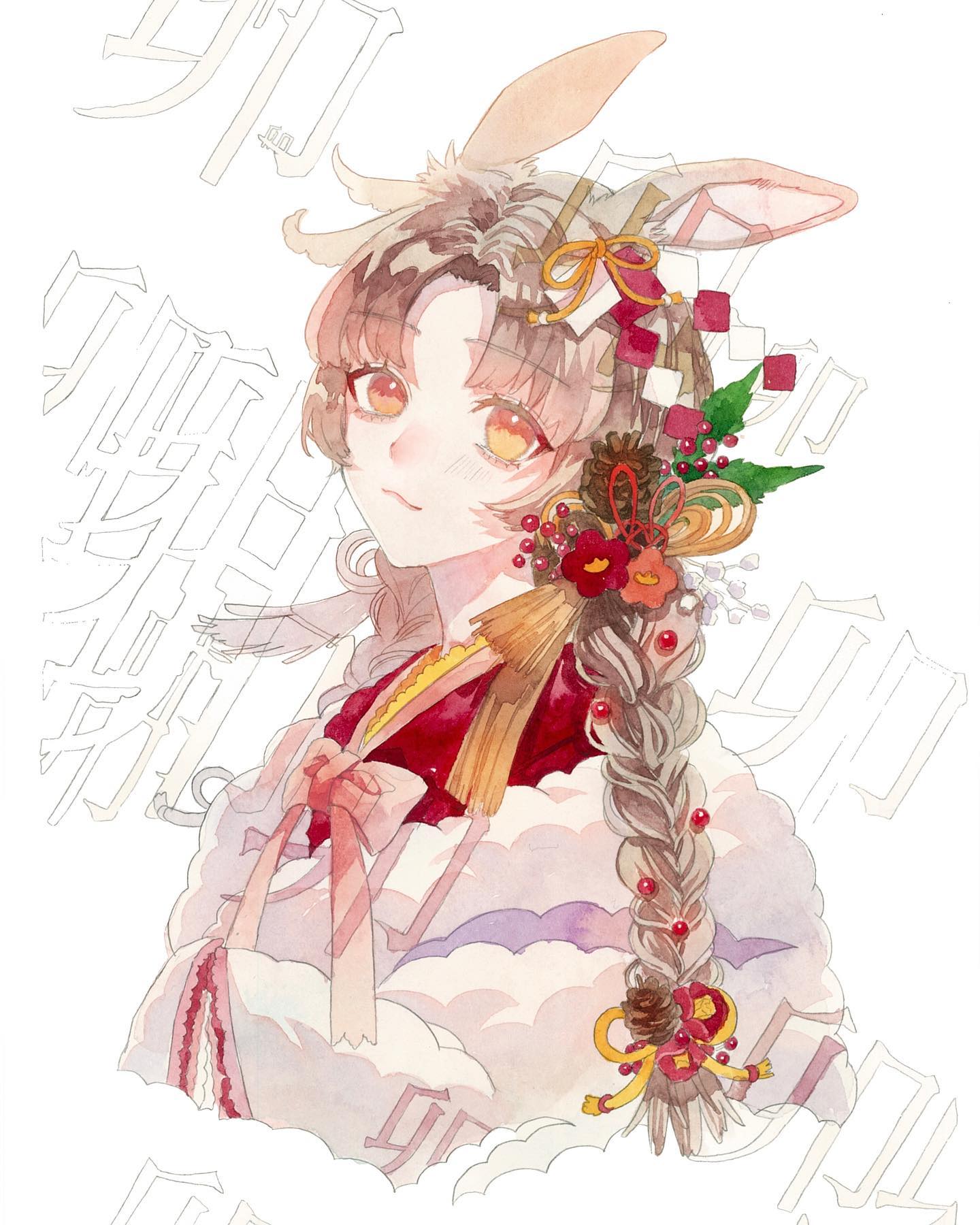 1girl animal_ears blush braid brown_hair chinese_zodiac closed_mouth cropped_torso flower fur_trim hair_flower hair_ornament heterochromia highres japanese_clothes kimono long_hair looking_at_viewer mistletoe new_year orange_eyes original painting_(medium) parted_bangs pinecone rabbit_ears red_flower red_kimono ribbon solo srnmomo tassel traditional_media twin_braids upper_body watercolor_(medium) white_background year_of_the_rabbit yellow_eyes