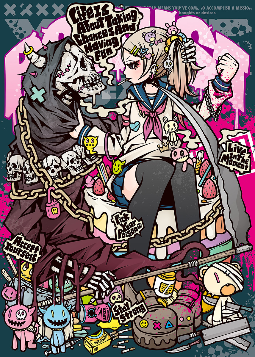 1girl belt_chain bracelet cake chain cigarette death death_(entity) decora food graffiti grim_reaper highres jewelry lock monster original project.c.k. ranguage school_uniform scythe shinigami shortcake skull uniform