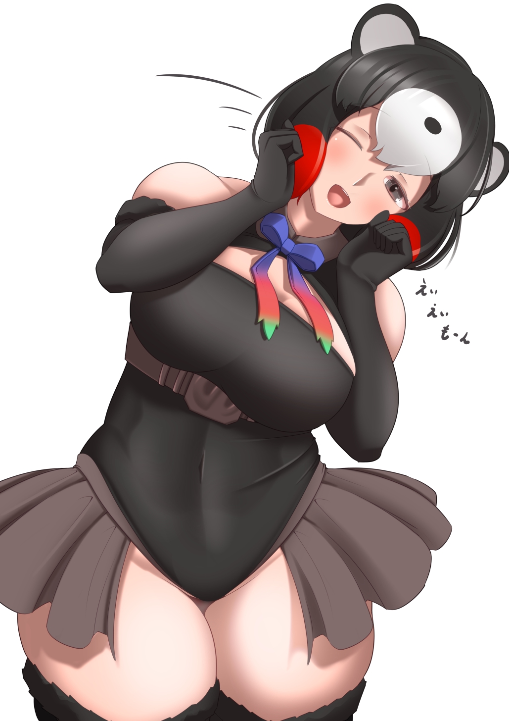 1girl animal_ears bear_ears black_gloves black_hair black_leotard black_thighhighs blush bow bowtie breasts collared_leotard covered_navel cowboy_shot elbow_gloves frilled_leotard frills fur-trimmed_gloves fur-trimmed_thighhighs fur_trim gloves grey_background grey_eyes grey_hair groin highres higumamon_(kemono_friends) kemono_friends kemono_friends_3 large_breasts leaning_to_the_side leotard looking_at_viewer medium_hair motion_lines multicolored_hair open_mouth red_hair simple_background smile solo thigh_gap thighhighs underbust yongo_ichifu