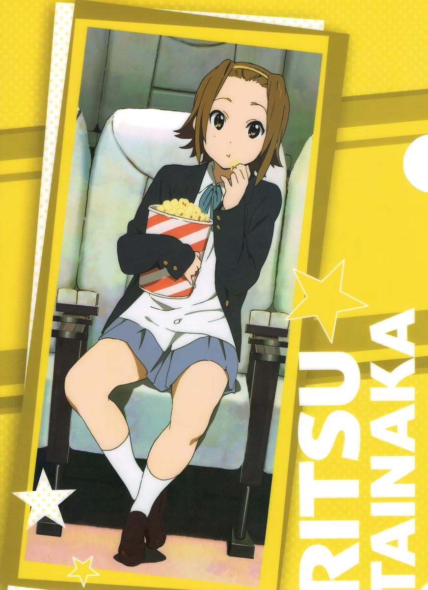 1girl brown_eyes brown_hair clear_file_(medium) eating english_text food hairband highres horiguchi_yukiko k-on! k-on!_movie movie_theater non-web_source official_art popcorn sakuragaoka_high_school_uniform scan school_uniform short_hair sitting solo star_(symbol) tainaka_ritsu