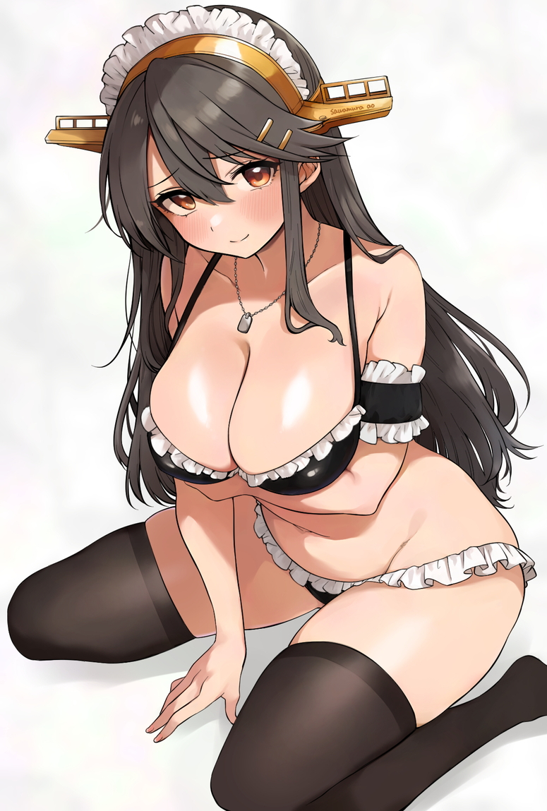 1girl alternate_costume bikini black_bikini black_hair black_thighhighs breasts brown_eyes cleavage closed_mouth commentary_request frilled_bikini frills hair_between_eyes hair_ornament hairband haruna_(kancolle) headgear jewelry kantai_collection large_breasts long_hair maid maid_bikini maid_headdress navel necklace sawamura_aoi sitting smile solo swimsuit thighhighs thighs unconventional_maid wariza
