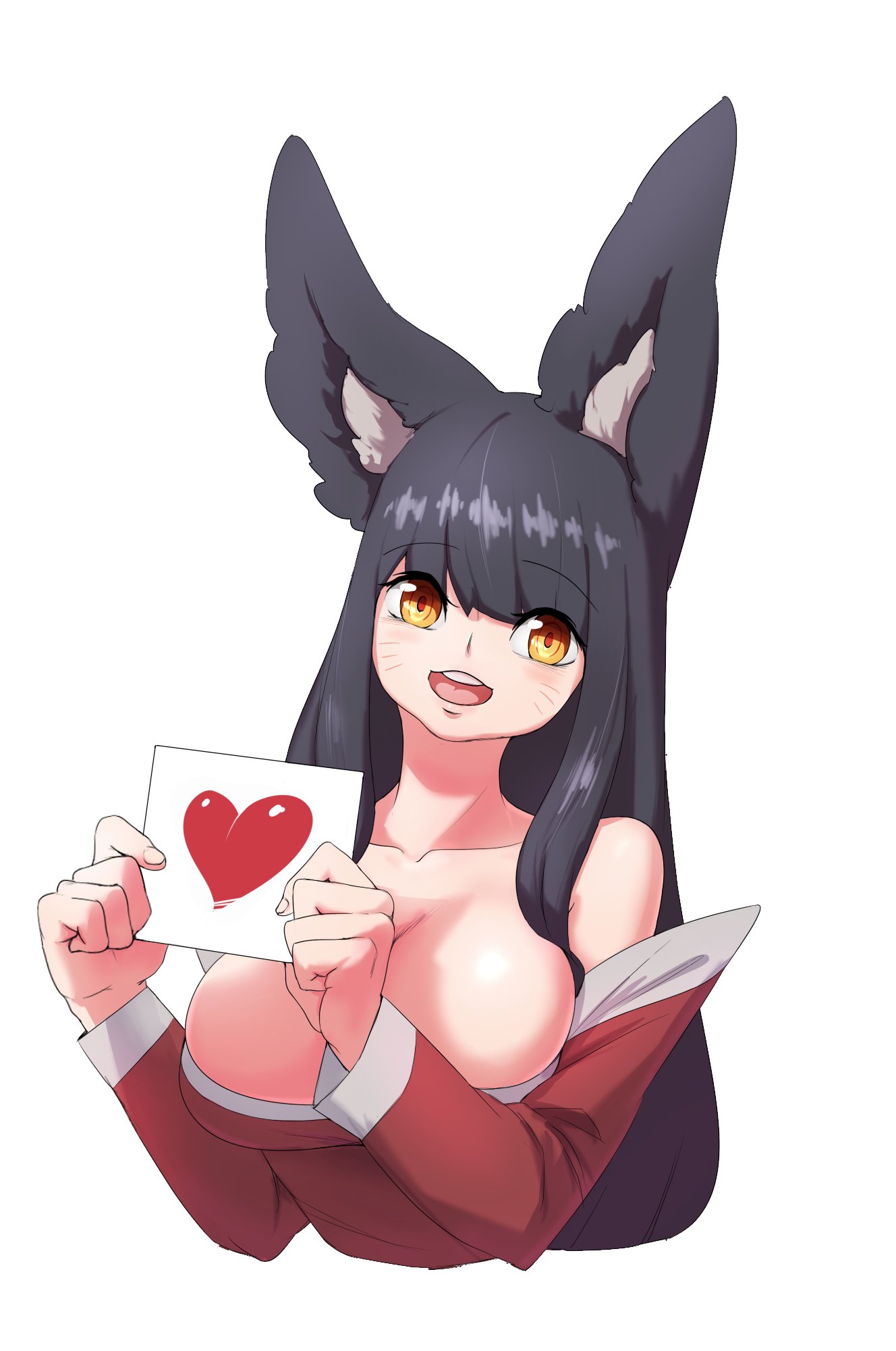 1girl ahri_(league_of_legends) animal_ear_fluff animal_ears bare_shoulders black_hair breasts cleavage detached_sleeves dress facial_mark fox_ears fox_girl heart highres holding holding_paper korean_clothes large_breasts league_of_legends long_hair looking_at_viewer open_mouth paper red_dress simple_background smile solo teeth upper_teeth_only whisker_markings white_background yabby yellow_eyes