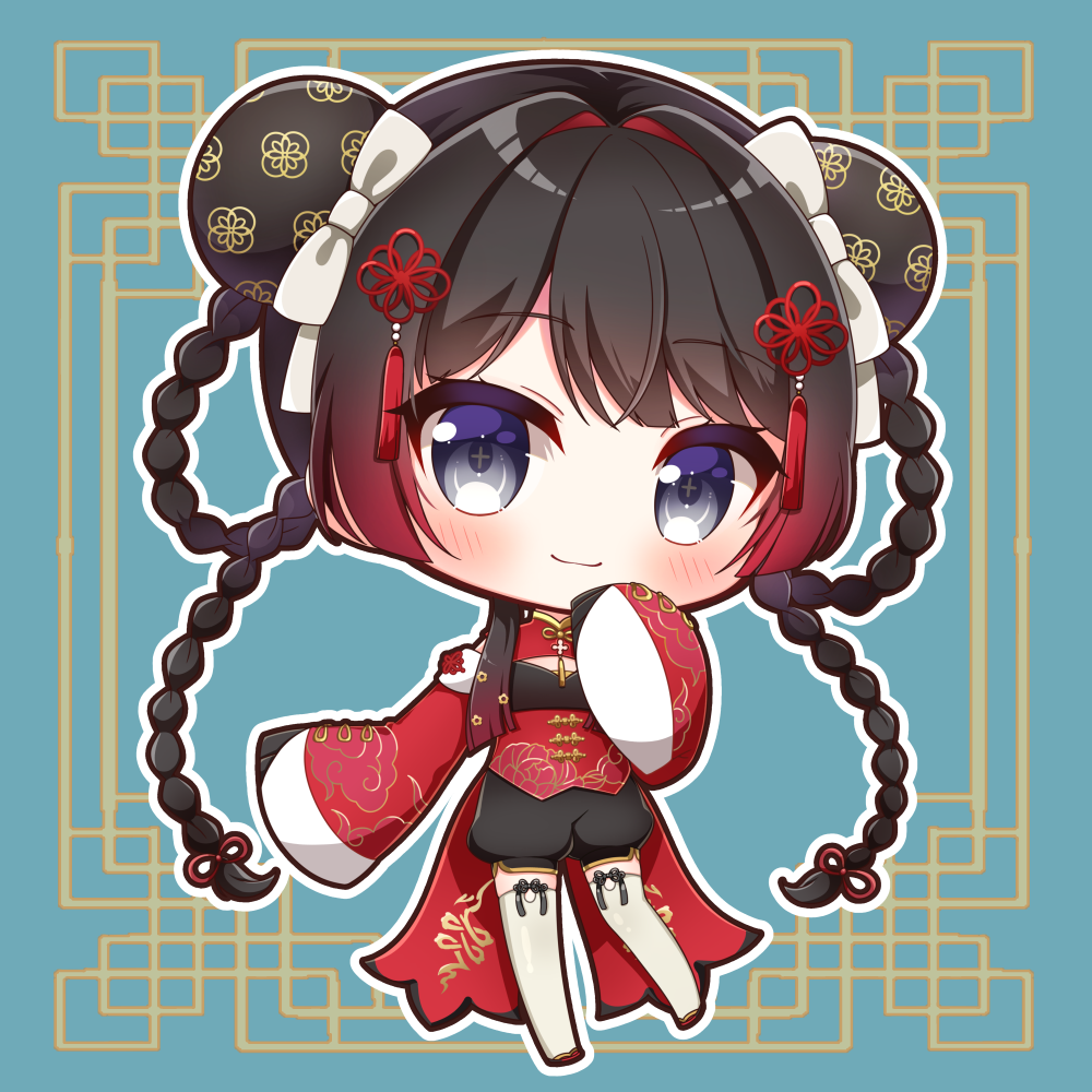 1girl big_head black_hair black_shorts blue_background blush bow braid bun_cover chibi chinese_clothes closed_mouth commentary_request double_bun dress full_body gradient_hair grey_bow grey_eyes hair_bow hair_bun hair_rings long_hair long_sleeves looking_at_viewer multicolored_hair nijisanji puffy_short_sleeves puffy_sleeves red_dress red_footwear red_hair short_sleeves shorts sleeves_past_fingers sleeves_past_wrists smile solo thighhighs tsukino_mito very_long_hair virtual_youtuber white_thighhighs wide_sleeves yukiyuki_441