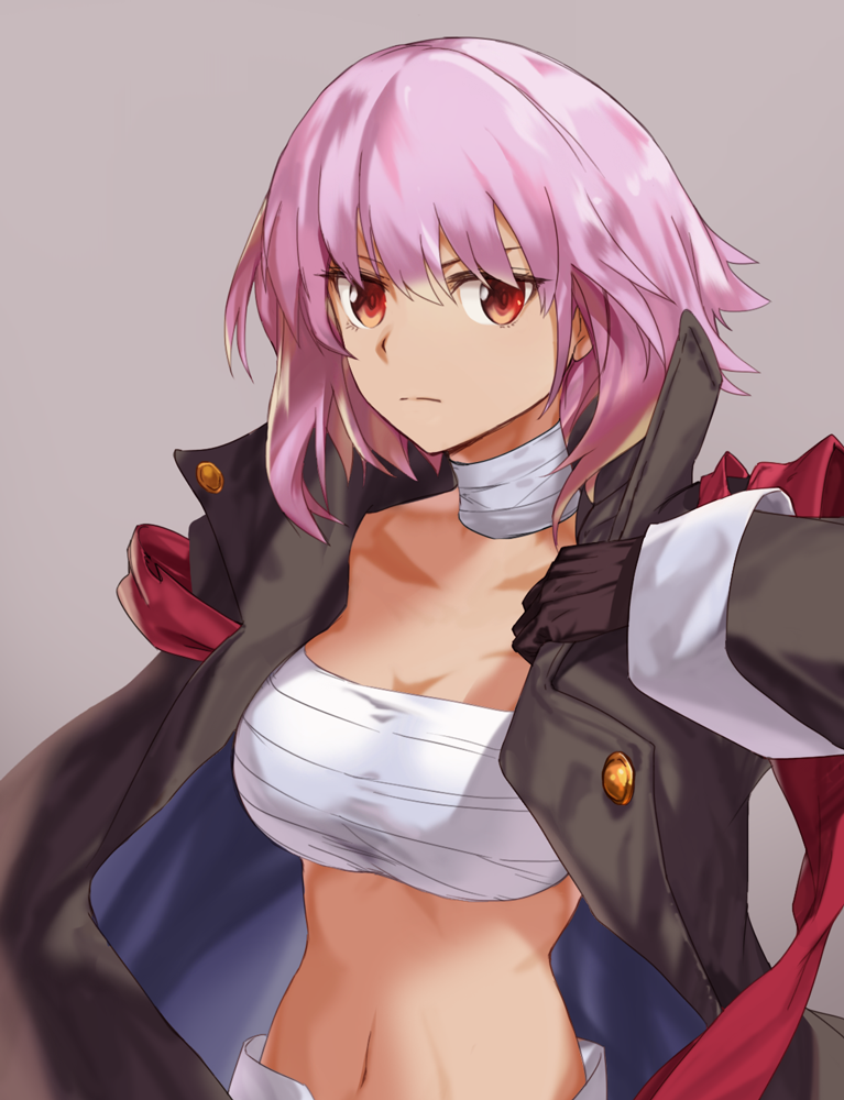 1girl alchemy_stars alternate_eye_color bandaged_neck bandages bandeau bangs black_coat black_gloves breasts chest_sarashi coat commentary gloves grey_background hiiro_(alchemy_stars) junshi_(junbox) large_breasts long_sleeves looking_at_viewer midriff navel open_clothes open_coat pink_hair red_eyes sarashi short_hair simple_background solo stomach strapless tube_top upper_body