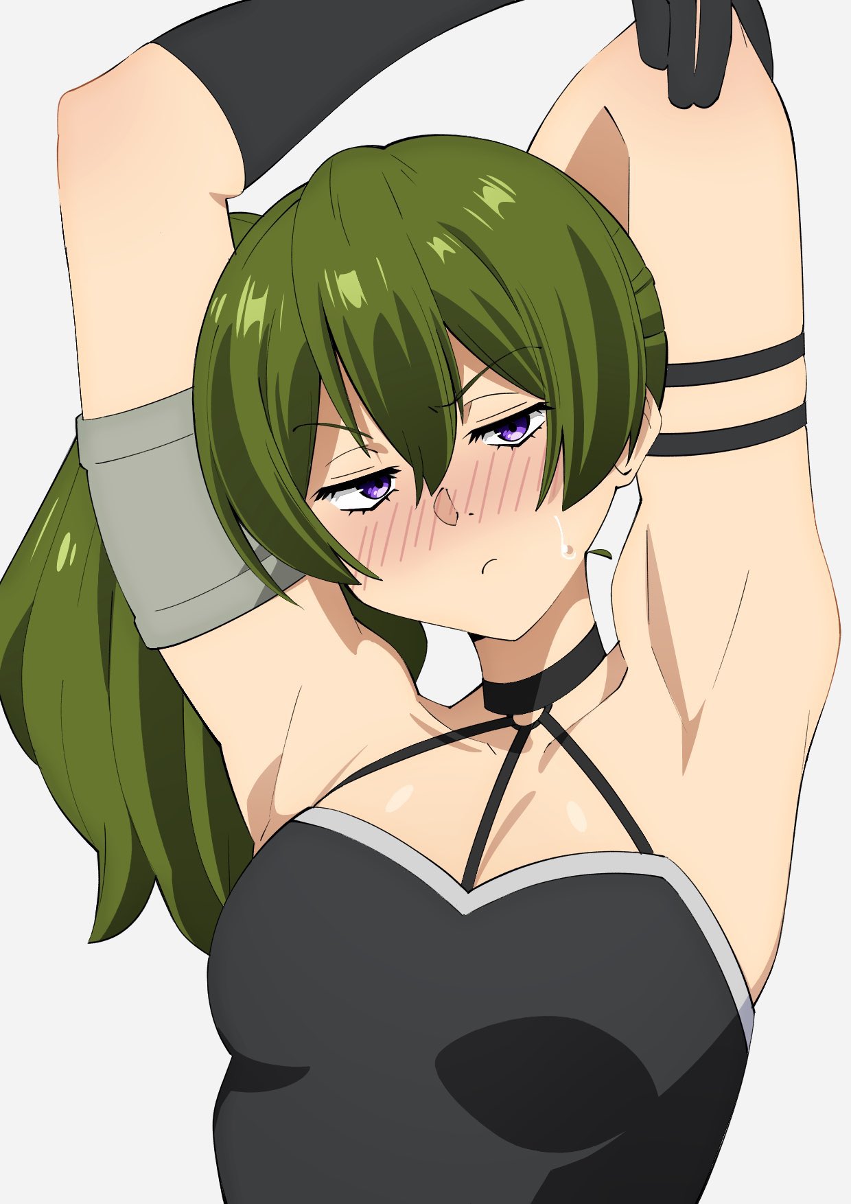 1girl :c armband armpits arms_behind_head arms_up black_choker black_gloves blush breasts choker commentary_request frown gloves green_hair highres long_hair looking_at_viewer medium_breasts o-ring o-ring_choker purple_eyes sakura_1110ssmm side_ponytail simple_background single_glove solo sousou_no_frieren sweatdrop ubel_(sousou_no_frieren) v-shaped_eyebrows white_background