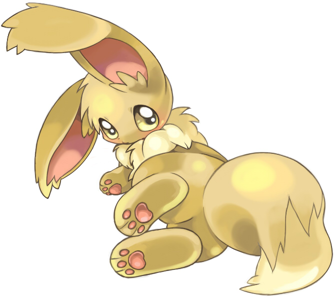 2008 3_toes ambiguous_gender big_ears blush brown_body brown_eyes brown_fur butt digital_media_(artwork) dot_nose ear_tuft eevee feet fur generation_1_pokemon head_tuft inner_ear_fluff kemono looking_back lying monotone_body monotone_fur neck_tuft nintendo on_side pawpads paws pink_inner_ear pink_pawpads plantigrade pokemon pokemon_(species) rear_view shaded simple_background solo suppainu tan_body tan_fur toes tuft white_background
