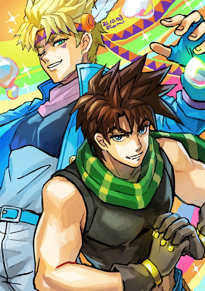 2boys battle_tendency black_gloves black_shirt blue_eyes blue_jacket brown_hair bubble caesar_anthonio_zeppeli dated facial_mark fingernails fist_in_hand fon-due_(fonfon) gloves green_scarf grey_pants grin hairband jacket jojo_no_kimyou_na_bouken joseph_joestar joseph_joestar_(young) multiple_boys one_eye_closed pants pectorals pink_scarf scarf shirt signature smile sparkle striped_clothes striped_scarf