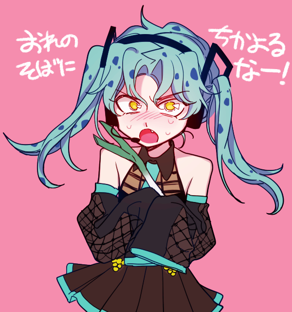 1girl alternate_hair_color aqua_hair blue_eyes blush commentary_request cosplay detached_sleeves diavolo fangs fishnet_sleeves fishnets genderswap genderswap_(mtf) hatsune_miku hatsune_miku_(cosplay) headset jojo_no_kimyou_na_bouken miniskirt multicolored_hair pleated_skirt sempon_(doppio_note) shirt skirt sleeveless sleeveless_shirt sleeves_past_fingers sleeves_past_wrists solo spotted_hair sweat translation_request twintails two-tone_hair upper_body vento_aureo vocaloid yellow_eyes