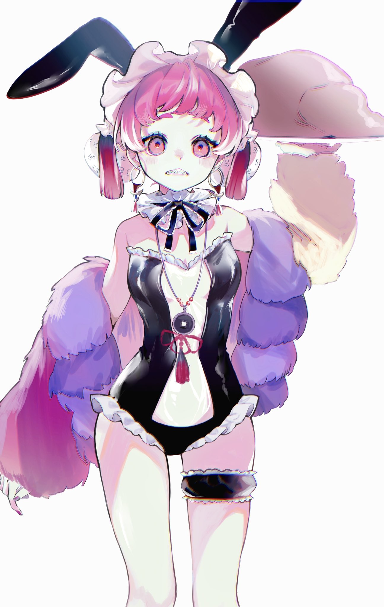1girl animal_ears arm_at_side bare_shoulders black_bow black_bowtie black_leotard bow bowtie bridal_garter bun_cover clenched_teeth detached_collar double_bun earrings fake_animal_ears feet_out_of_frame food frilled_leotard frills hair_bun hand_up hat highres holding holding_tray jacket jewelry leotard long_sleeves looking_at_viewer mob_cap mrfluffyspiky necklace off_shoulder original pendant pink_eyes pink_hair pink_jacket rabbit_ears see-through sharp_teeth solo standing tassel teeth tray updo