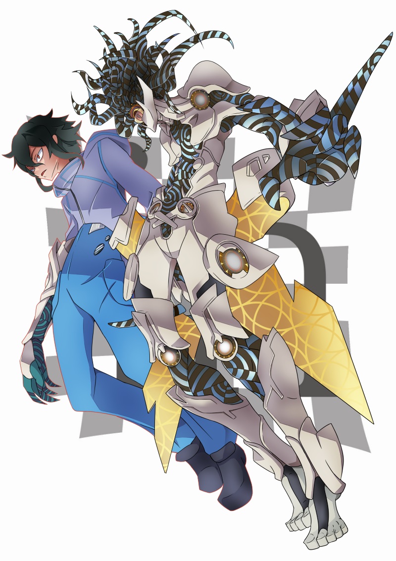 1boy armor black_hair claws corruption digimon eater_adam hood roy_payne sanada_arata simple_background solo tentacle_hair tentacles white_background