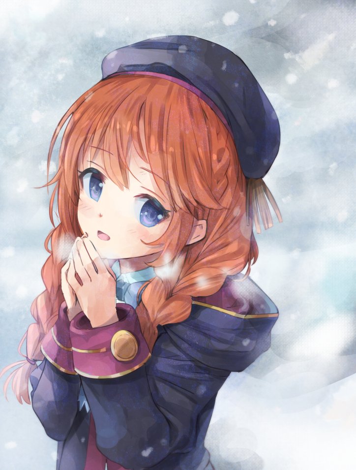 1girl beret black_coat black_hat blue_bow bow braid breath brown_hair coat collared_dress commentary_request crown_braid dress hat hood hood_down hooded_coat light_blush long_hair long_sleeves looking_at_viewer natsushima_memo open_clothes open_coat open_mouth princess_connect! purple_eyes school_uniform sidelocks snowstorm solo st._theresa's_girls_academy_school_uniform steepled_fingers twin_braids upper_body white_dress yuni_(princess_connect!)