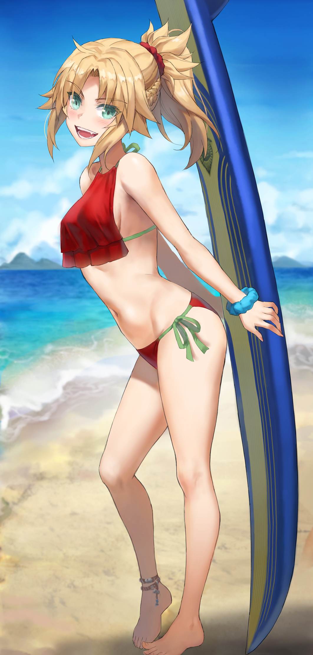 1girl anklet barefoot beach bikini blonde_hair blue_sky braid breasts cleavage clothes_around_waist collarbone fate/grand_order fate_(series) feet french_braid full_body green_eyes heel_up highres jacket jacket_around_waist jewelry legs long_hair looking_at_viewer mordred_(fate) mordred_(swimsuit_rider)_(fate) navel open_mouth outdoors parted_bangs ponytail red_bikini red_jacket revision shore sidelocks sky small_breasts smile solo surfboard swimsuit toenails toes tonee variant_set