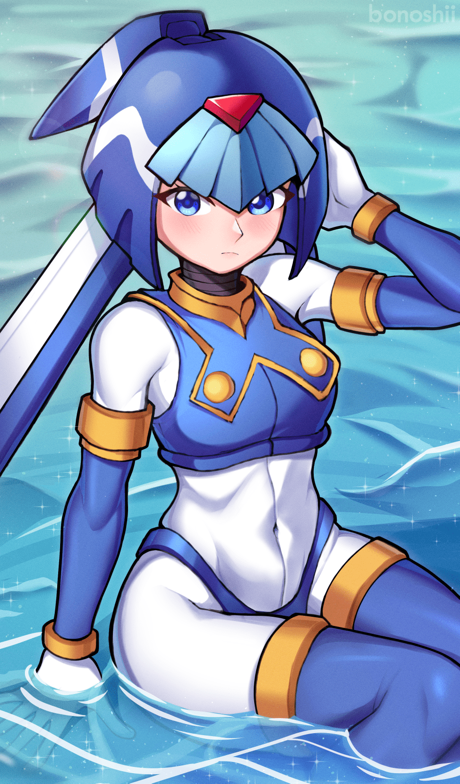 1girl armor artist_name blue_armor blue_eyes blue_helmet blush bonoshii boots breasts covered_navel crop_top crotch_plate fairy_leviathan_(mega_man) forehead_jewel hand_on_own_head highres medium_breasts mega_man_(series) mega_man_zero_(series) partially_submerged solo sparkle thigh_boots water