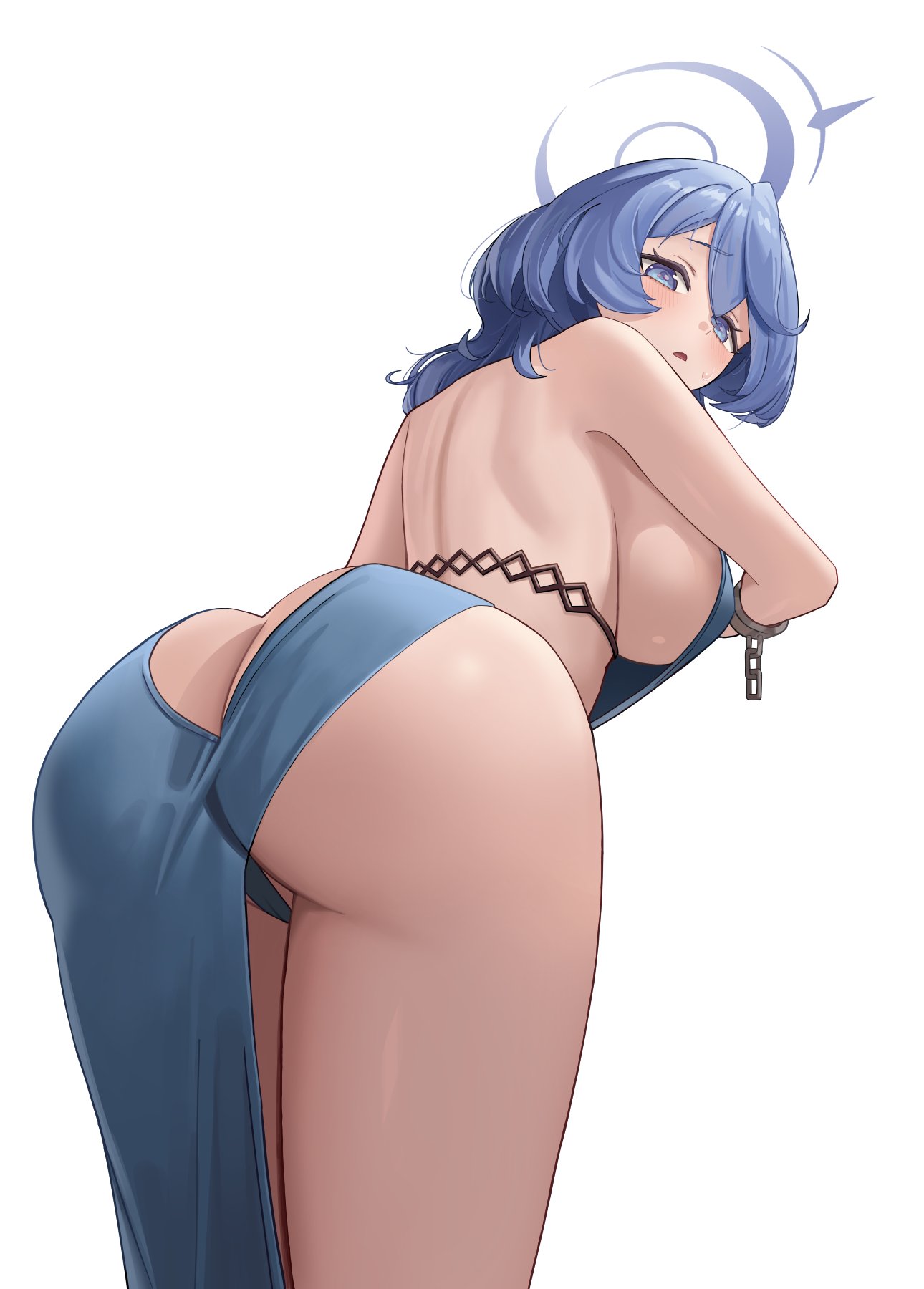 1girl ako_(blue_archive) ako_(dress)_(blue_archive) ass backboob backless_dress backless_outfit bare_shoulders blue_archive blue_dress blue_eyes blue_hair blue_halo blue_panties blush breasts butt_crack commentary_request dress from_behind halo highres huge_ass kekko_044 large_breasts looking_at_viewer looking_back medium_hair official_alternate_costume open_mouth panties sideboob simple_background solo thick_thighs thighs underwear white_background