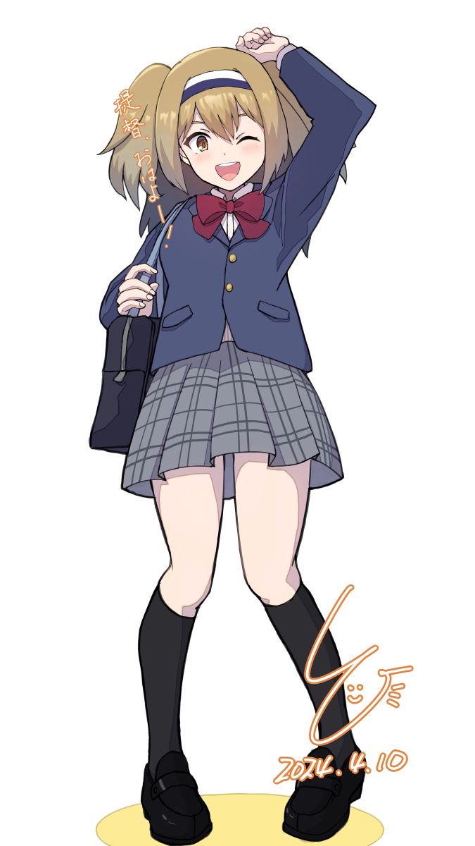 1girl alternate_costume bag black_footwear black_socks blazer blush brown_eyes collared_shirt dated full_body grey_skirt hairband highres i-26_(kancolle) jacket kantai_collection ld_(luna_dial398) light_brown_hair long_hair long_sleeves looking_at_viewer necktie one_eye_closed open_mouth plaid plaid_skirt pleated_skirt school_bag school_uniform shirt signature skirt smile socks solo two-tone_hairband two_side_up white_shirt