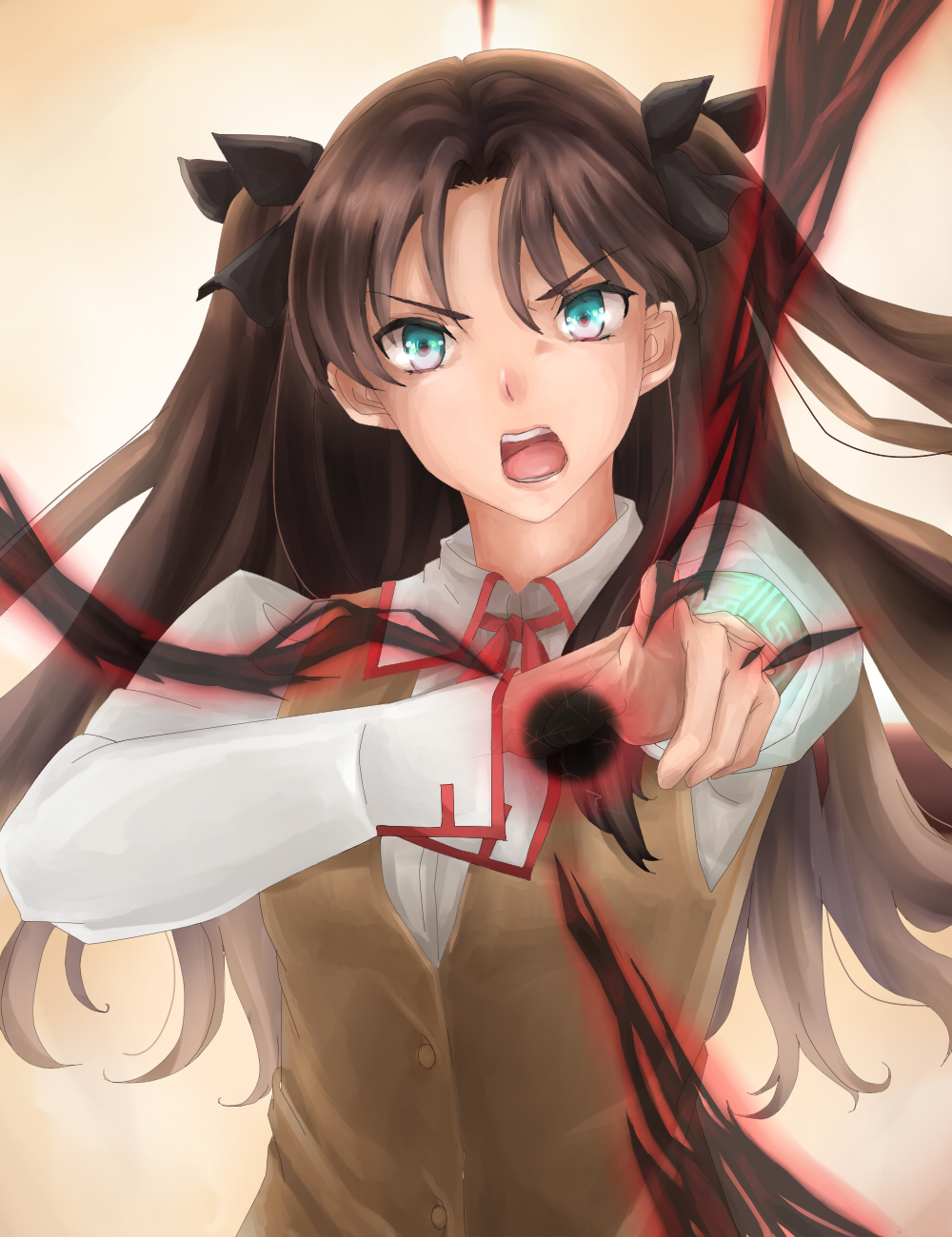 1girl aqua_eyes black_bow bow brown_hair brown_vest collared_shirt cowboy_shot fate/stay_night fate_(series) gandr hair_bow highres holding_own_wrist homurahara_academy_uniform long_hair looking_at_viewer magic magic_circuit neck_ribbon open_mouth pointing pointing_at_viewer ribbon shirt shouting sleeve_rolled_up solo sukasukasukafan teeth tohsaka_rin tongue two_side_up vest white_shirt