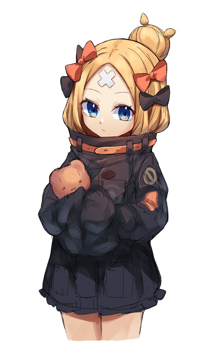 1girl abigail_williams_(fate) bandaid bandaid_on_forehead bangs black_bow black_jacket blonde_hair blue_eyes bow breasts commentary crossed_bandaids fate/grand_order fate_(series) forehead hair_bow hair_bun heroic_spirit_traveling_outfit high_collar highres jacket long_hair long_sleeves miya_(miyaruta) multiple_bows object_hug orange_belt orange_bow parted_bangs polka_dot polka_dot_bow simple_background sleeves_past_fingers sleeves_past_wrists small_breasts stuffed_animal stuffed_toy symbol-only_commentary teddy_bear white_background