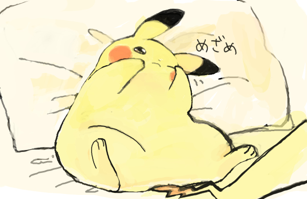 animal_ears bed dot_nose no_humans one_eye_closed pikachu pillow pokemon pokemon_(creature) sleepy solo tail