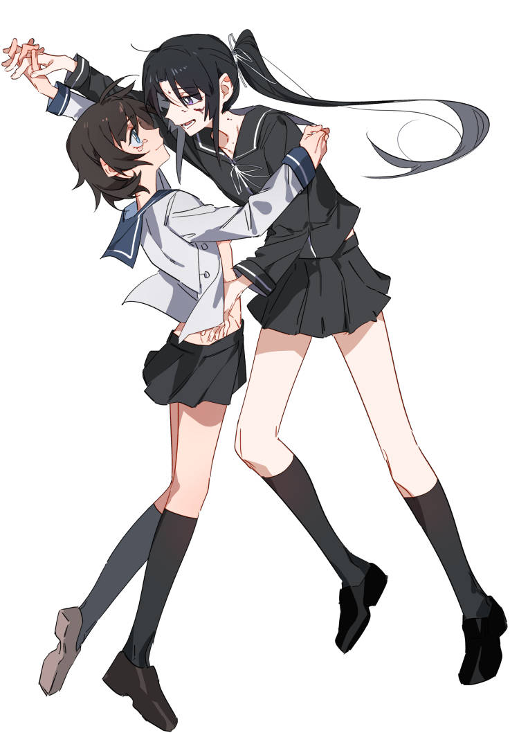 2girls black_footwear black_hair black_sailor_collar black_shirt black_skirt black_socks blood blood_on_face blue_eyes blue_sailor_collar brown_footwear brown_hair chinese_commentary commentary_request copyright_request dancing eye_contact full_body hand_on_another's_shoulder hand_on_another's_waist holding_hands interlocked_fingers kneehighs loafers loincloth looking_at_another molu_stranger multiple_girls open_clothes open_mouth open_shirt pleated_skirt ponytail purple_eyes sailor_collar school_uniform serafuku shirt shoes short_hair simple_background skirt socks tearing_up tears white_background yuri