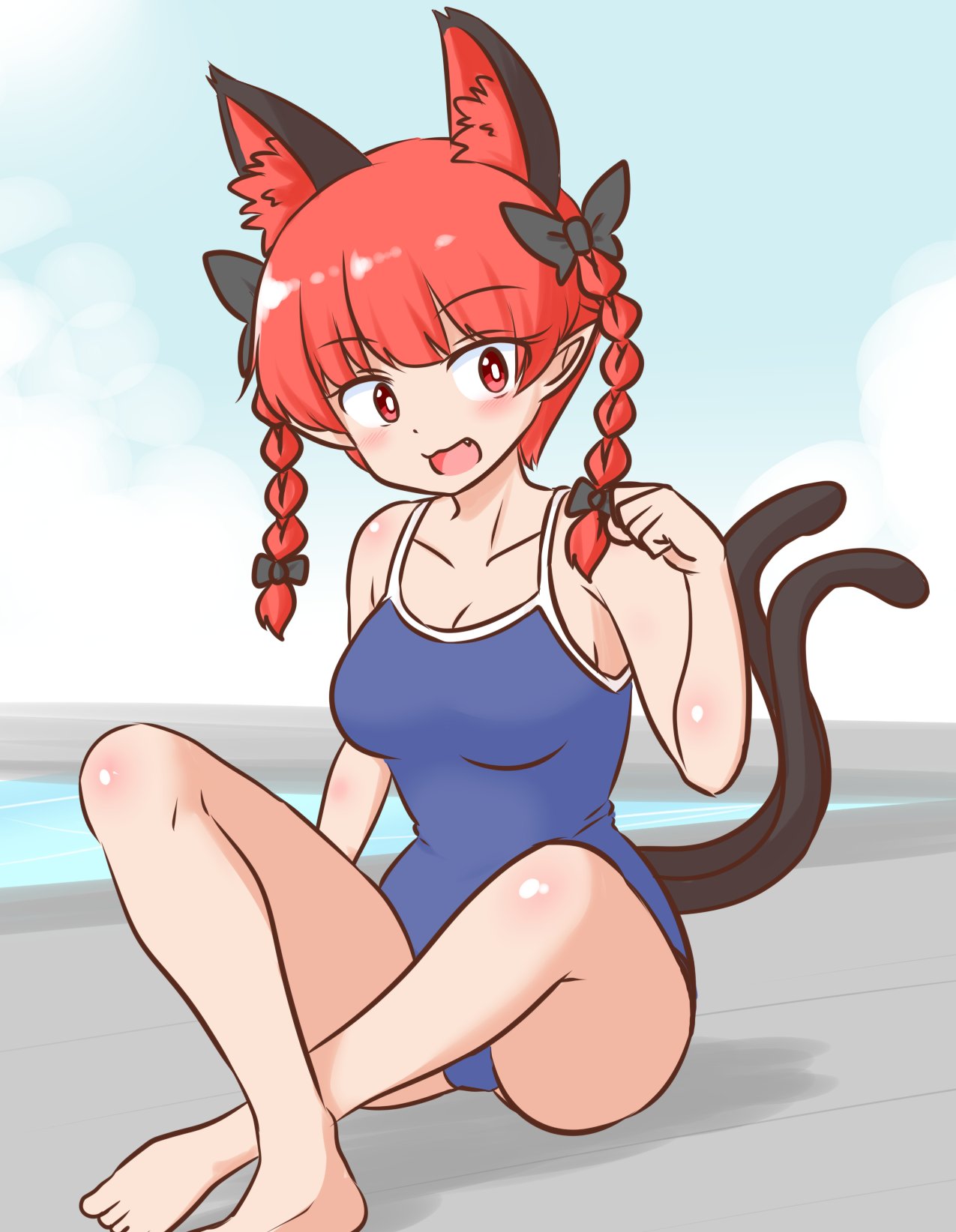 1girl animal_ears barefoot black_bow blue_one-piece_swimsuit bow braid breasts cat_ears cat_girl cat_tail collarbone commentary_request commission extra_ears fang hair_bow highres indian_style kaenbyou_rin looking_at_viewer medium_breasts mizusoba multiple_tails nekomata one-piece_swimsuit open_mouth pointy_ears red_eyes red_hair sitting skeb_commission solo swimsuit tail touhou twin_braids two_tails