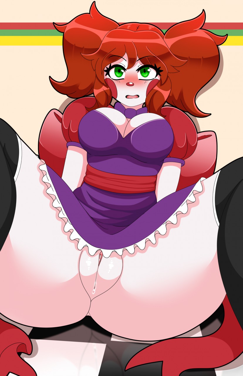 anatomically_correct animatronic black_clothing black_legwear black_stockings bodily_fluids bow_ribbon bow_tie breasts circus circus_baby_(fnaf) cleavage_cutout clothed clothing clown clown_nose cutout dress embarrassed eyelashes female five_nights_at_anime five_nights_at_freddy's flustered genital_fluids genitals green_eyes hair hi_res humanoid iabelle legwear machine medium_breasts no_underwear on_ground open_mouth pigtails plump_labia puffy_shoulders purple_bow_tie purple_clothing purple_dress pussy red_hair red_ribbon ribbon_around_waist robot rosy_cheeks scottgames sister_location sitting sitting_on_ground solo spread_legs spreading stockings thick_thighs upskirt vaginal_fluids white_body