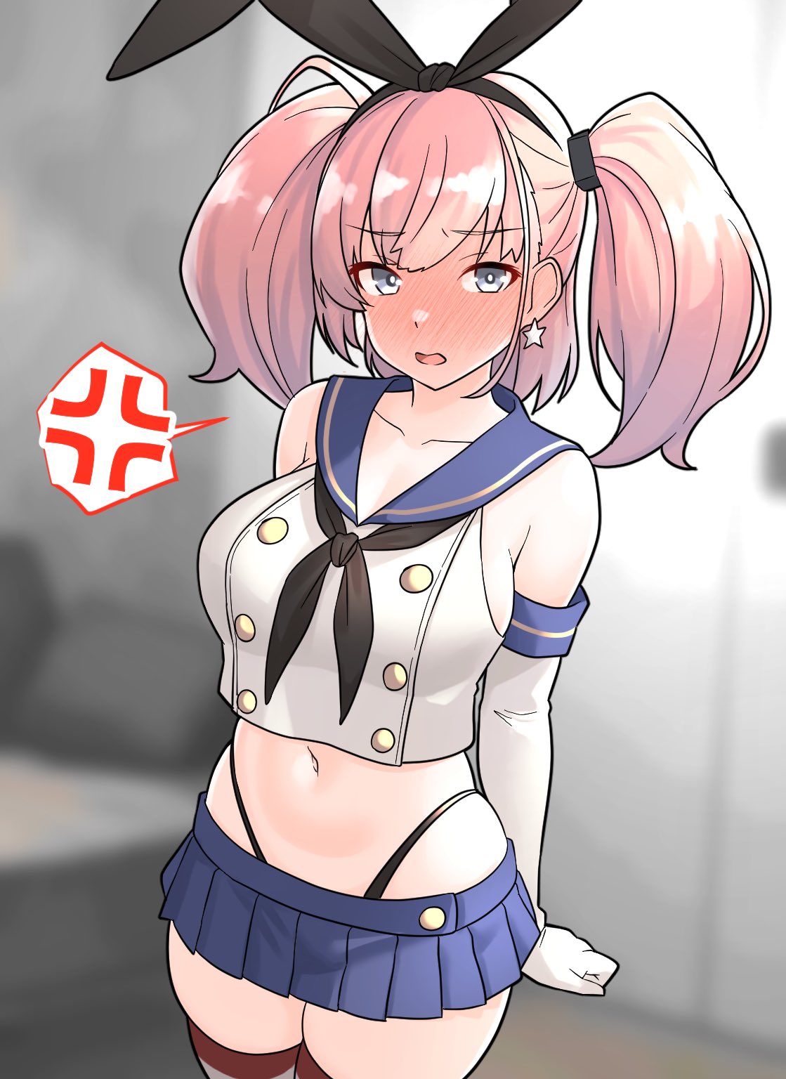 1girl anger_vein atlanta_(kancolle) black_hairband black_neckerchief black_panties blue_sailor_collar blue_skirt blurry blurry_background blush breasts brown_hair collarbone cosplay cowboy_shot crop_top elbow_gloves furaggu_(frag_0416) gloves grey_eyes hairband highleg highleg_panties highres kantai_collection large_breasts long_hair microskirt miniskirt neckerchief nose_blush panties pleated_skirt sailor_collar shimakaze_(kancolle) shimakaze_(kancolle)_(cosplay) shirt skirt sleeveless sleeveless_shirt solo spoken_anger_vein striped_clothes striped_thighhighs thighhighs two_side_up underwear white_gloves