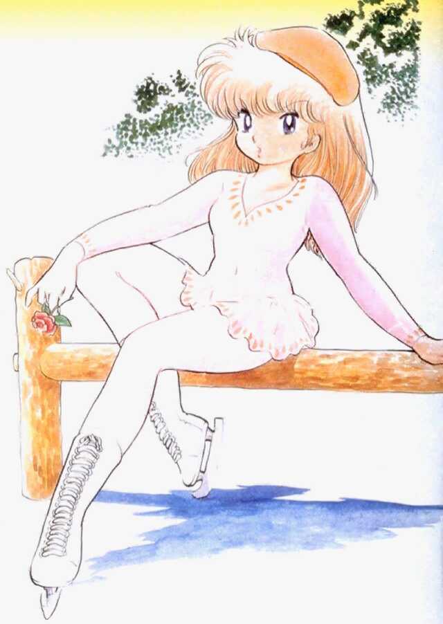 1980s_(style) 1girl azuma_hideo beret breasts covered_navel fence flower hat holding holding_flower ice_skates leotard long_hair long_sleeves looking_at_viewer non-web_source orange_hair original painting_(medium) pantyhose retro_artstyle rose sitting skates small_breasts solo traditional_media watercolor_(medium)