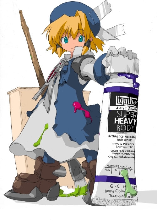 1girl beret blonde_hair blue_hat blue_jacket brown_footwear closed_mouth dress english_text full_body giant_brush green_eyes grey_dress hair_tubes hat jacket looking_at_viewer oversized_object paint_on_clothes paint_tube pixiv pixiv-tan short_hair solo soutasan translation_request white_background