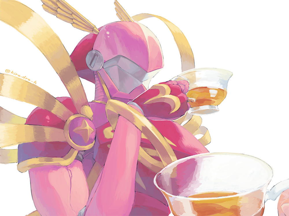 1other armor cup digimon digimon_(creature) helmet holding holding_cup jewelry kira_(kira_dra) knight lordknightmon no_humans out_of_frame pink_armor pink_helmet ring shoulder_armor simple_background tea twitter_username upper_body white_background winged_helmet