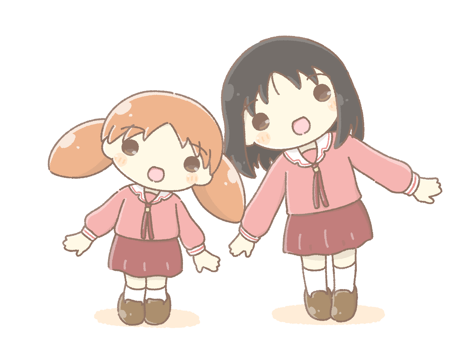 2girls azumanga_daioh azumanga_daioh's_school_uniform black_hair blush_stickers brown_eyes brown_footwear chibi height_difference highres kasuga_ayumu long_hair looking_at_viewer mihama_chiyo multiple_girls open_mouth orange_hair pink_serafuku pink_skirt pleated_skirt sailor_collar school_uniform serafuku shadow short_hair short_twintails simple_background skirt smile socks twintails wafu_(wafu39080) white_background white_sailor_collar white_socks