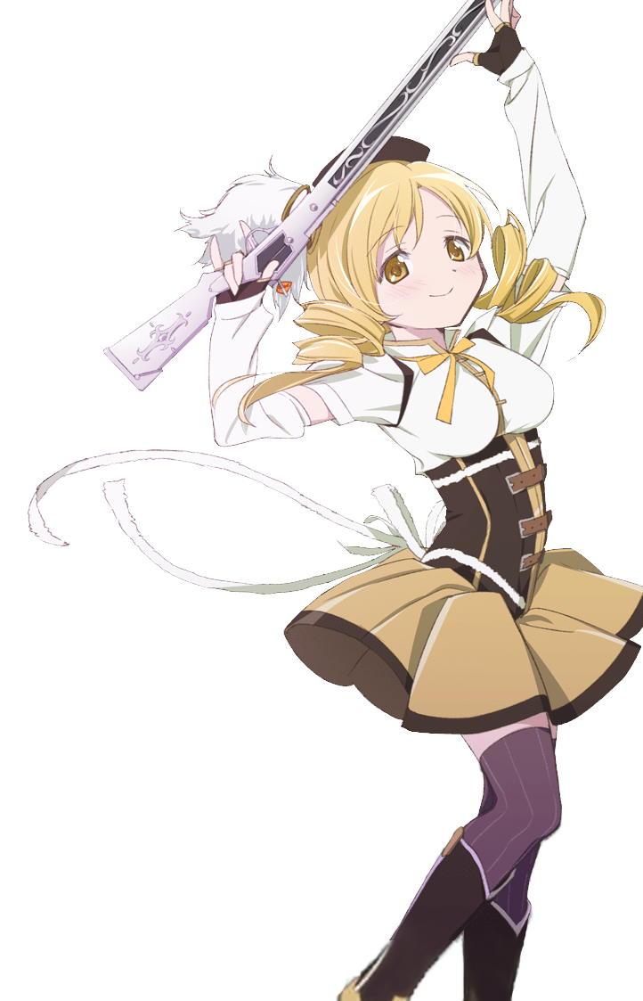 beret corset drill_hair gun hat magical_girl magical_musket mahou_shoujo_madoka_magica striped_clothes striped_thighhighs thighhighs tomoe_mami twin_drills vertical-striped_clothes vertical-striped_thighhighs weapon