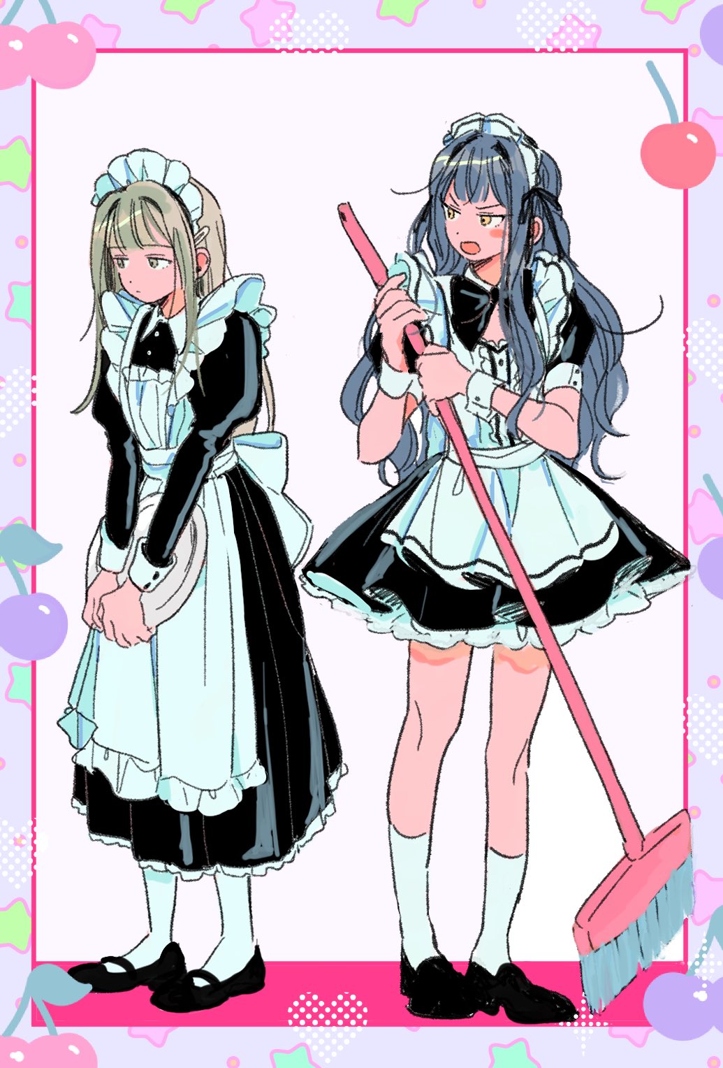 2girls alternate_costume apron back_bow bang_dream! bang_dream!_it's_mygo!!!!! black_bow black_bowtie black_dress black_footwear blue_hair bow bowtie broom closed_mouth commentary dress enmaided frilled_apron frills full_body grey_hair hair_ornament hair_ribbon hairclip hashtag-only_commentary highres holding holding_broom holding_tray juliet_sleeves kneehighs long_hair long_sleeves love8evill maid maid_headdress multiple_girls open_mouth puffy_short_sleeves puffy_sleeves ribbon short_sleeves sidelocks socks standing togawa_sakiko tray wakaba_mutsumi white_apron white_bow white_socks white_wrist_cuffs wrist_cuffs yellow_eyes