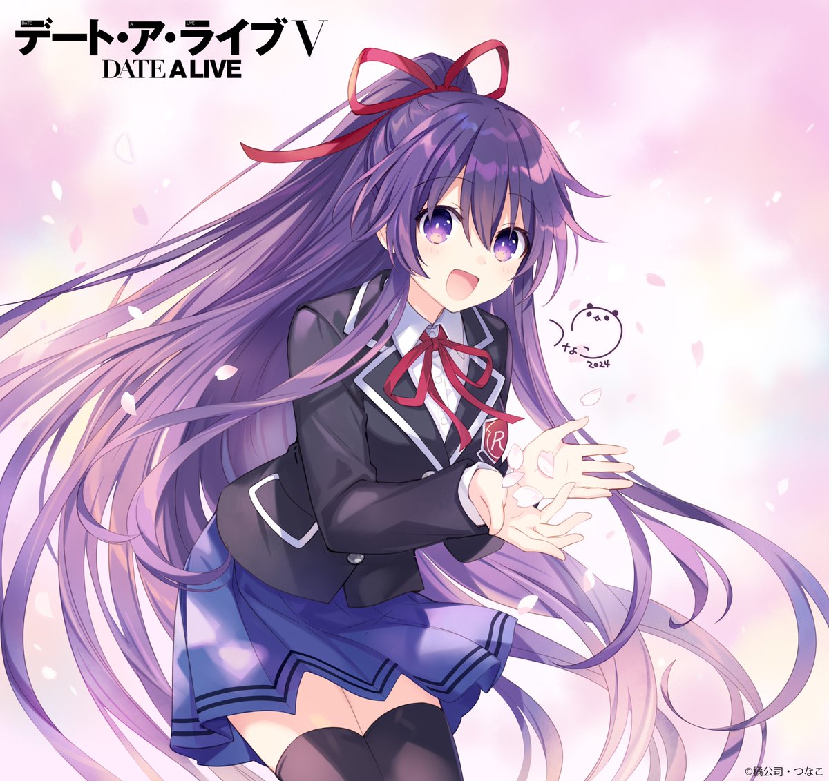 1girl black_jacket black_thighhighs blue_skirt blush breasts cherry_blossoms commentary_request copyright_name cowboy_shot date_a_live falling_petals hair_between_eyes high_ponytail holding holding_petal jacket long_hair looking_at_viewer medium_breasts official_art open_mouth petals pink_petals pleated_skirt purple_eyes purple_hair raizen_high_school_uniform red_ribbon ribbon school_uniform shirt signature skirt smile solo thighhighs tsunako very_long_hair white_shirt white_trim yatogami_tooka