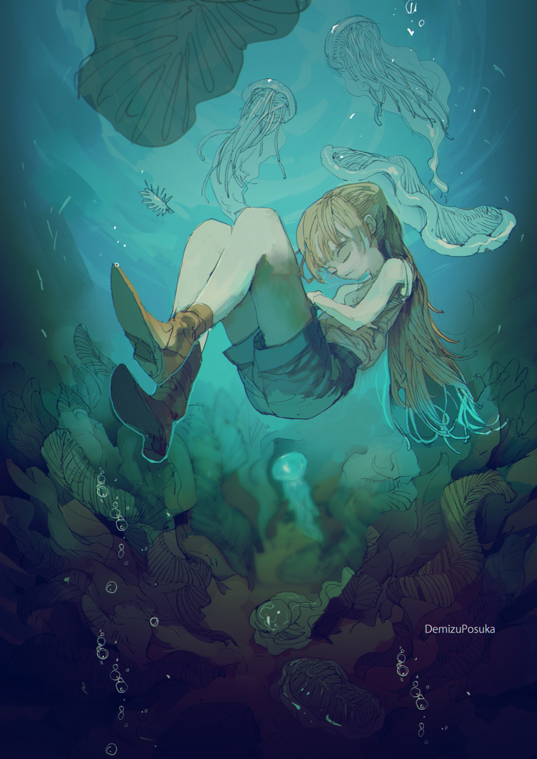 1girl air_bubble animal artist_name blonde_hair boots brown_footwear bubble closed_eyes commentary_request demizu_posuka full_body highres jellyfish long_hair nature original outdoors prehistoric_animal scenery seafloor shoes short_shorts shorts solo tank_top underwater