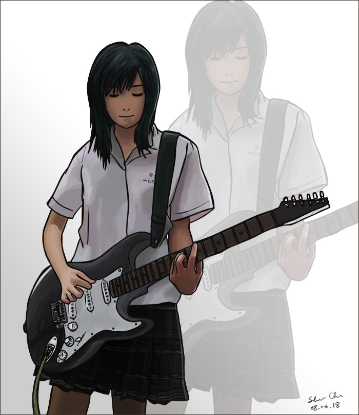 1girl black_skirt dark-skinned_female dark_skin electric_guitar fender_stratocaster funnytoss guitar guitar_strap holding holding_guitar holding_instrument instrument medium_hair multiple_views original playing_guitar school_uniform shirt skirt solo taiwan taiwanese_school_uniform tan white_background white_shirt zoom_layer