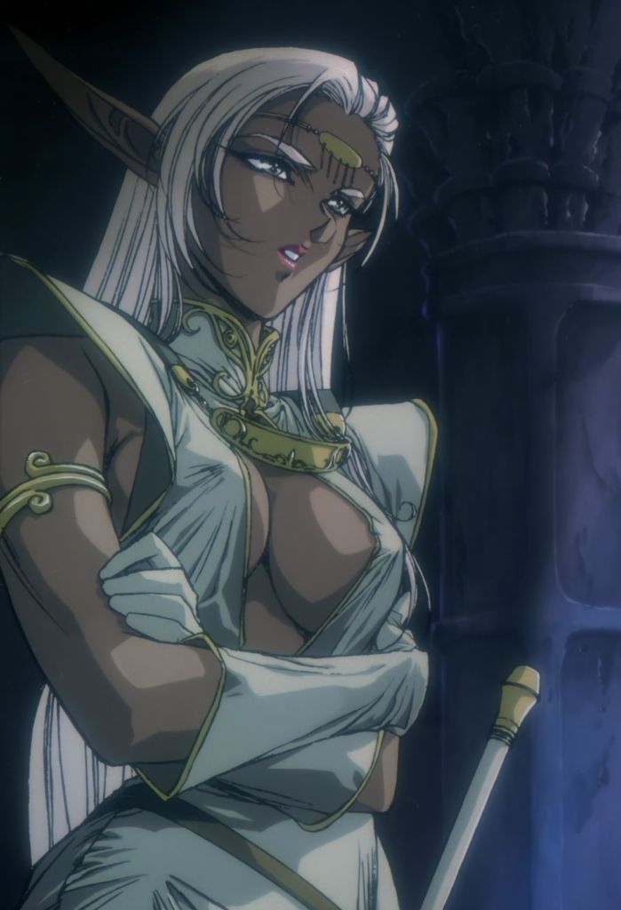 armlet brown_eyes circlet cleavage_cutout clothing_cutout crossed_arms dark-skinned_female dark_elf dark_skin elf gloves long_hair non-web_source pirotess pointy_ears record_of_lodoss_war stitched white_gloves white_hair