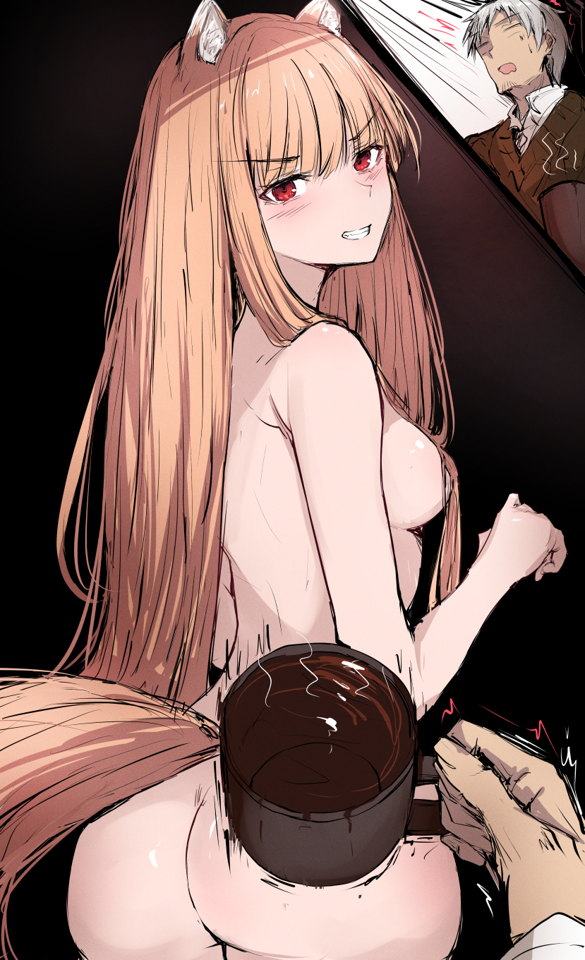 1boy 1girl animal_ears ass back black_background blunt_bangs blush breasts brown_hair coffee coffee_mug commentary completely_nude cowboy_shot craft_lawrence cross-section cup curvy from_behind grin hair_over_breasts hair_over_shoulder hand_up hetero highres holding holding_cup holo long_hair looking_at_viewer looking_back medium_breasts mug nude pov pov_hands red_eyes sak1_01 sideboob sidelocks simple_background sketch smile solo_focus spice_and_wolf straight_hair surprised tail trembling v-shaped_eyebrows very_long_hair wolf_ears wolf_girl wolf_tail