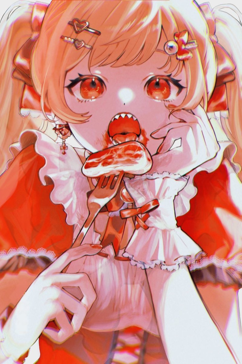 1girl blood blood_on_face blurry bow breasts cross-laced_clothes depth_of_field earrings eating food fork hair_bow hair_ornament hairclip hand_on_own_cheek hand_on_own_face hands_up head_on_hand head_rest heart heart_hair_ornament highres holding holding_fork jewelry long_hair meat mrfluffyspiky nail_polish open_mouth orange_hair original puffy_short_sleeves puffy_sleeves red_bow red_eyes red_nails red_theme ribbon_trim sharp_teeth short_sleeves solo teeth tongue twintails white_background wrist_cuffs